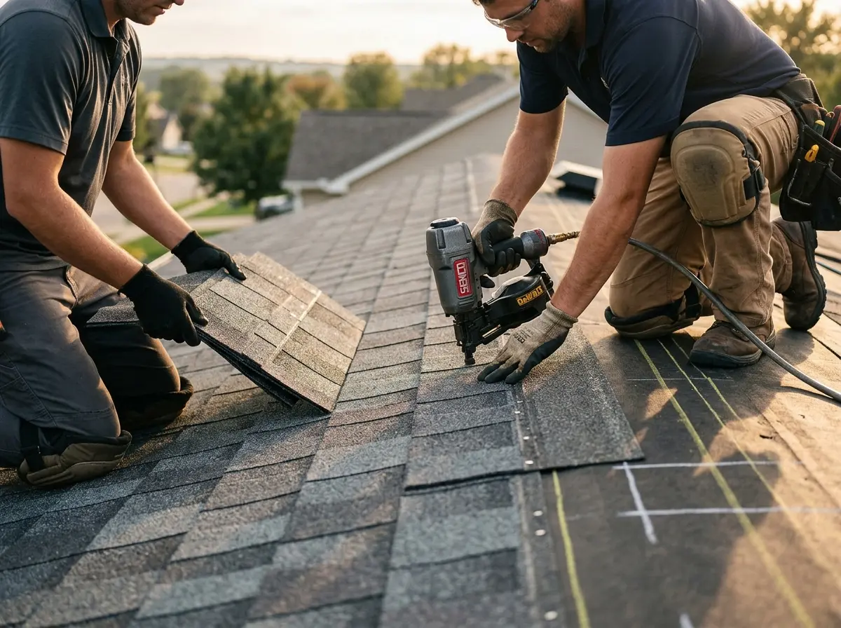 Professional roofer working on a residential roof in Connellsville
